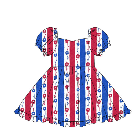 Baby Girls Flowers Stripe 4th of July Ruffle Knee Length Dresses Preorder
