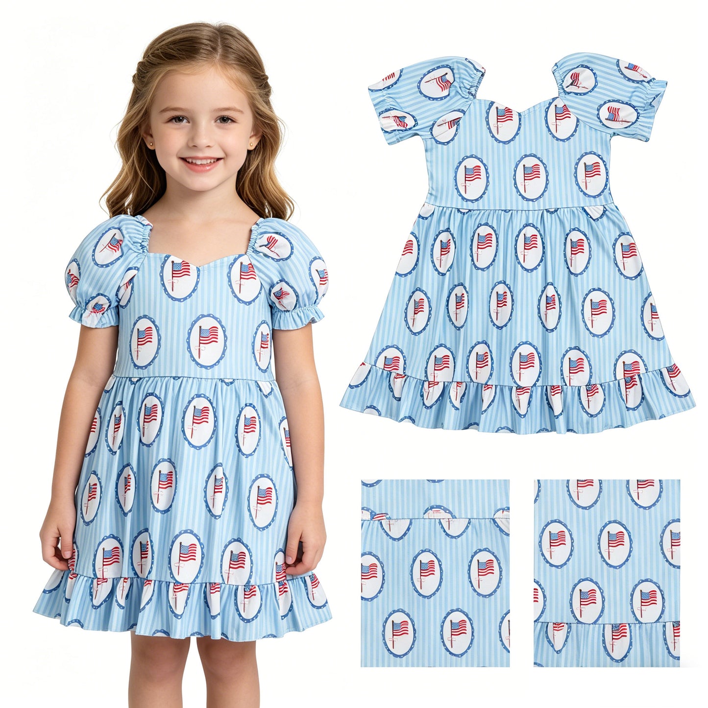 Baby Girls Blue Stripe Bow Flags 4th of July Ruffle Knee Length Dresses