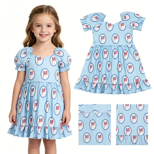 Baby Girls Blue Stripe Bow Flags 4th of July Ruffle Knee Length Dresses