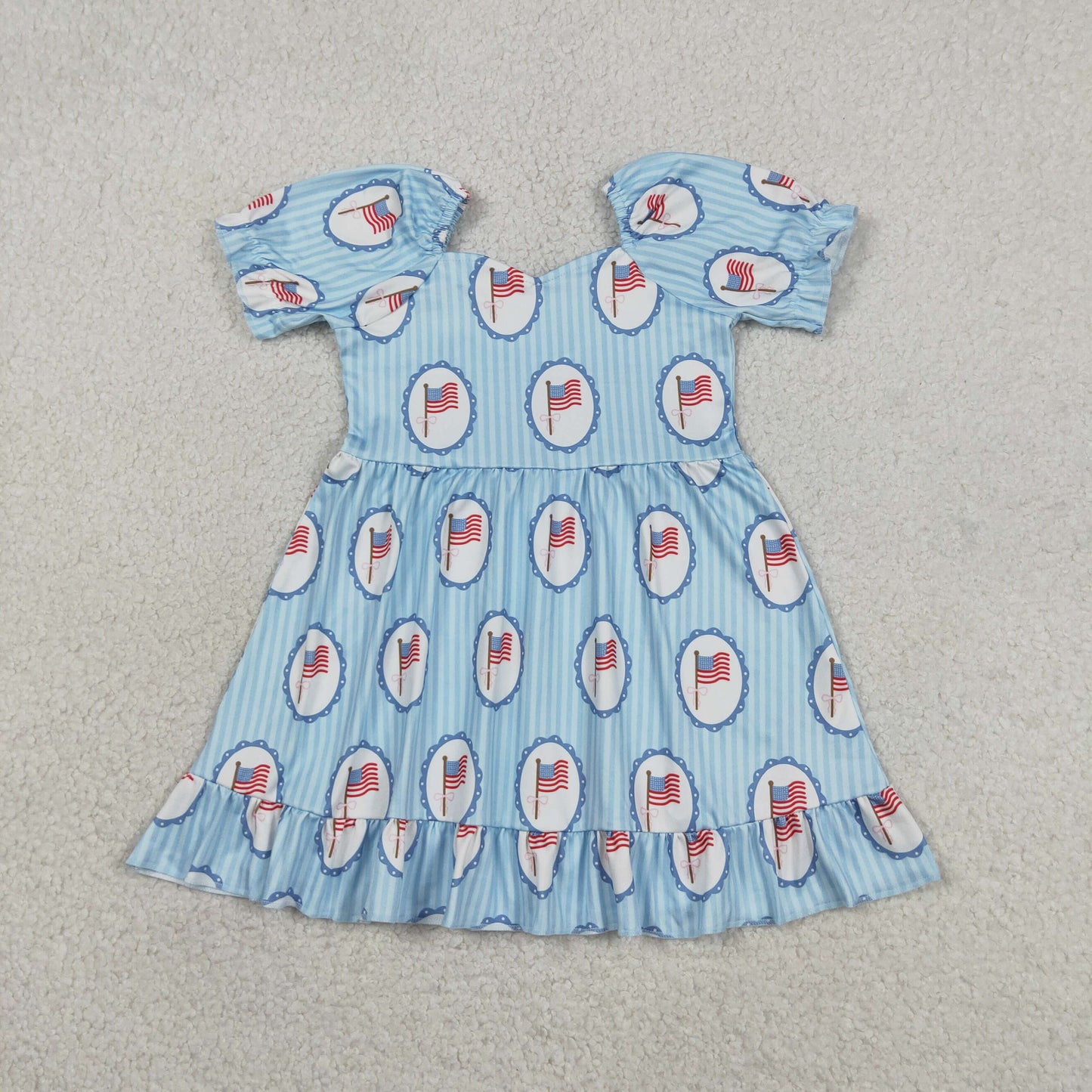Baby Girls Blue Stripe Bow Flags 4th of July Ruffle Knee Length Dresses