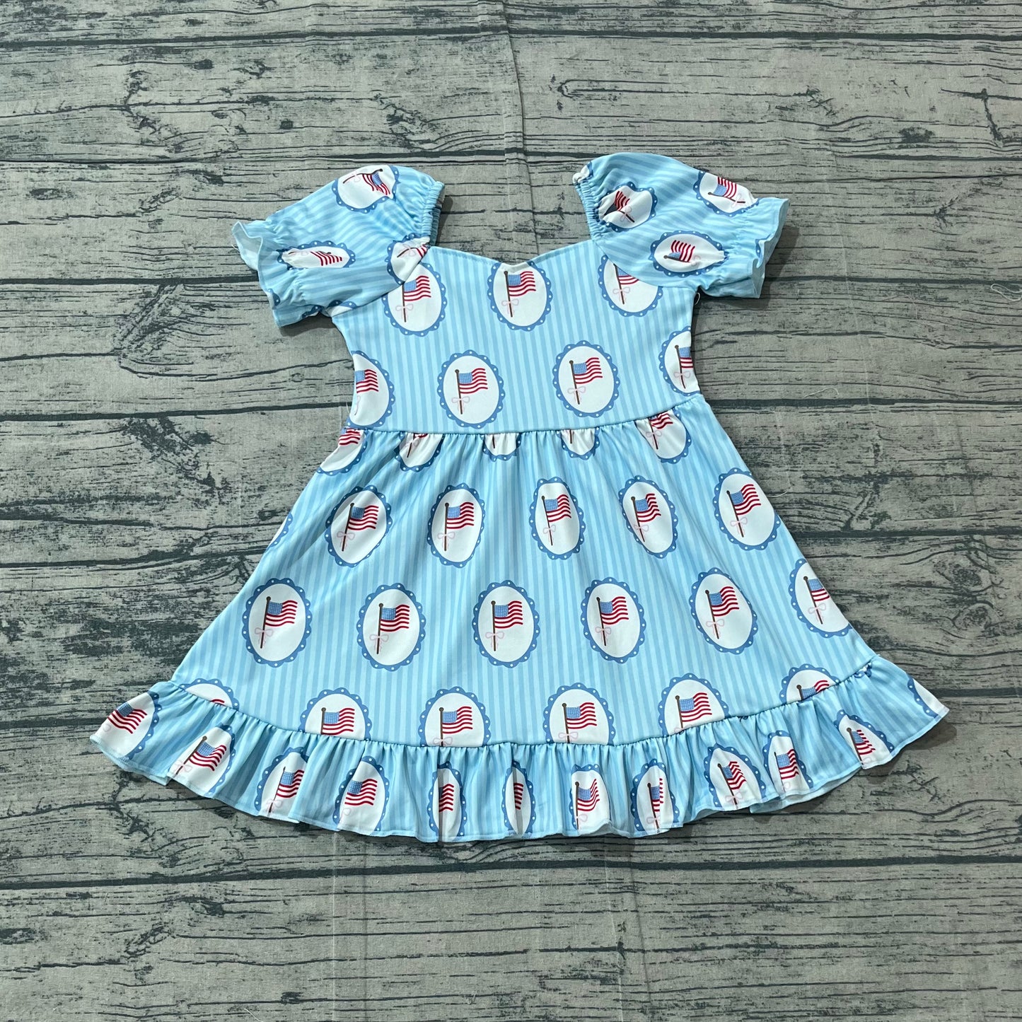 Baby Girls Blue Stripe Bow Flags 4th of July Ruffle Knee Length Dresses