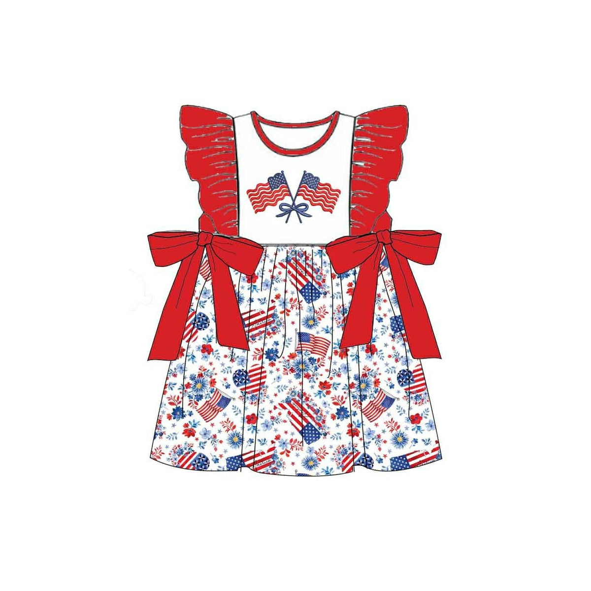 Baby Girls Flutter Sleeve Bow Flag Flowers 4th of July Knee Length Dress Preorder