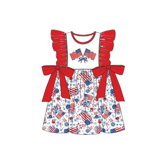 Baby Girls Flutter Sleeve Bow Flag Flowers 4th of July Knee Length Dress Preorder