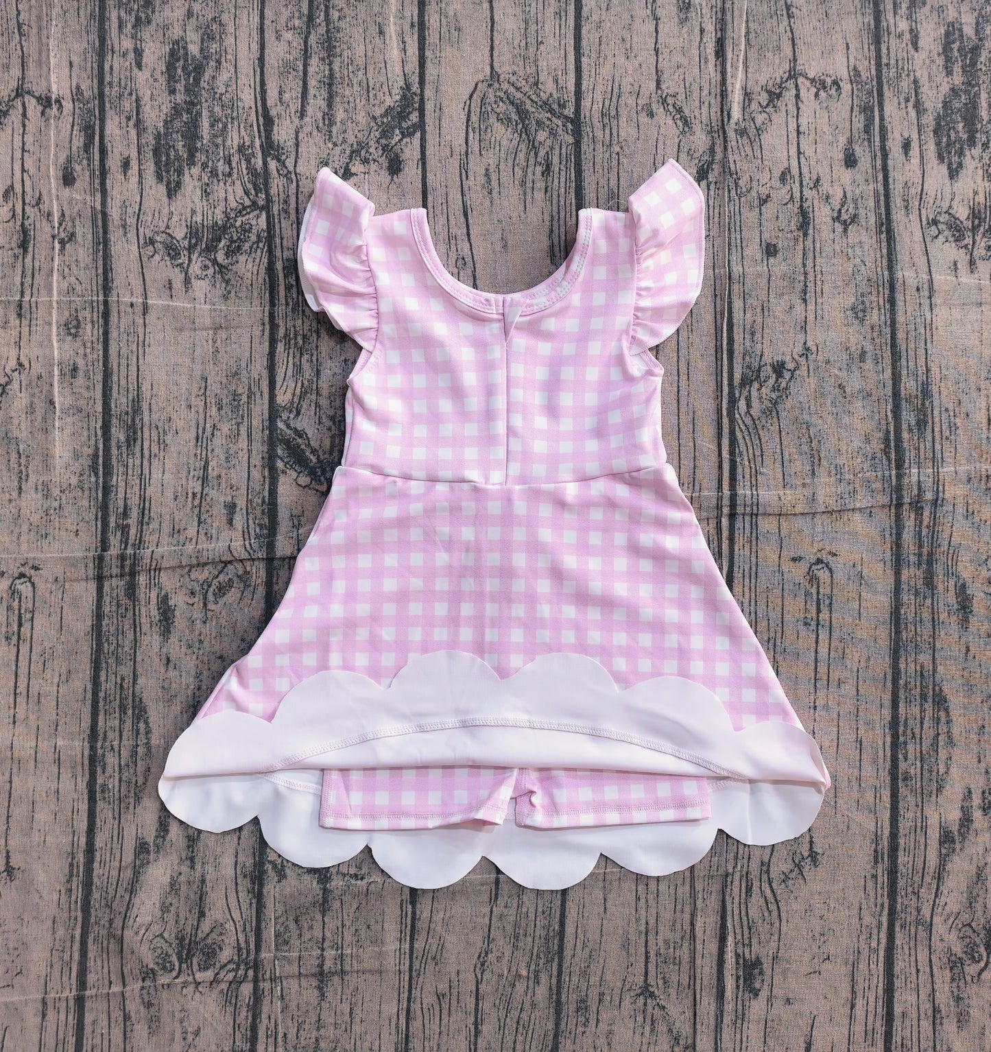 Baby Girls Pink Checked Yoga Active Scallop Knee Length Dresses Preorder