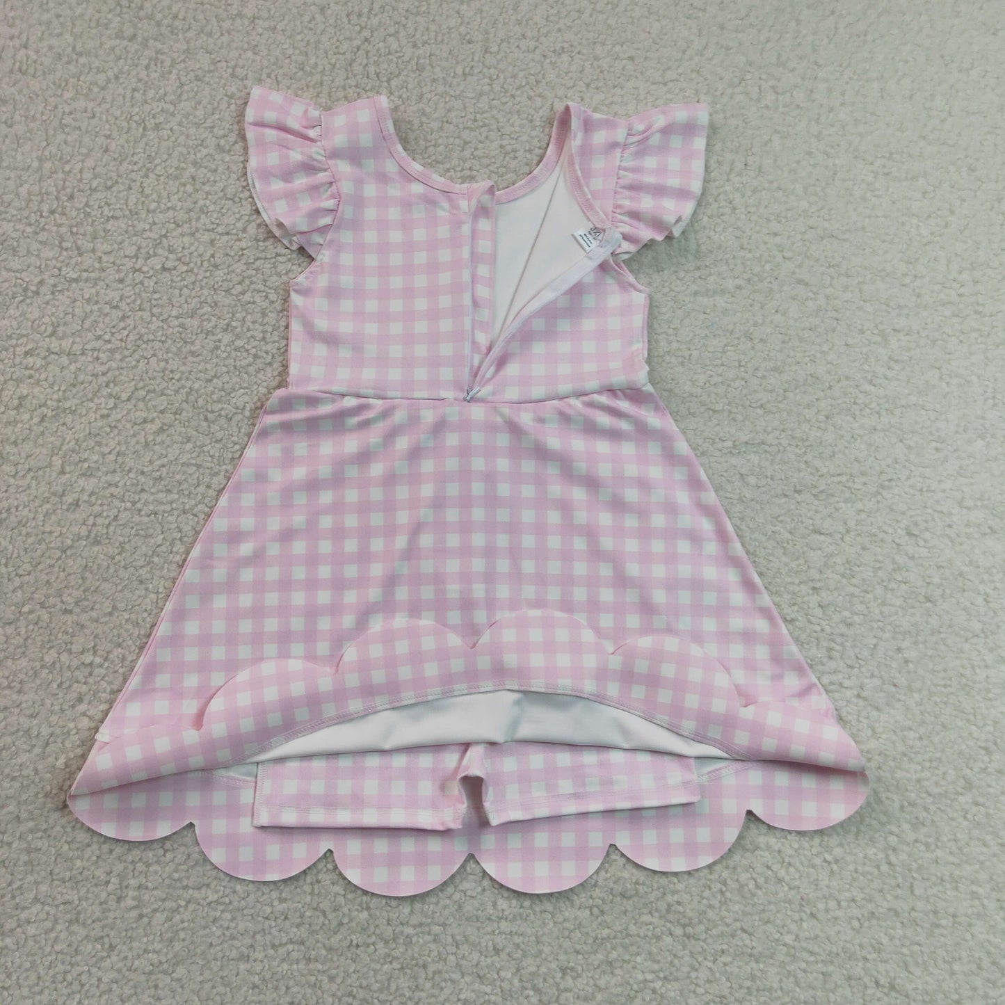 Baby Girls Pink Checked Yoga Active Short Scallop Knee Length Dresses