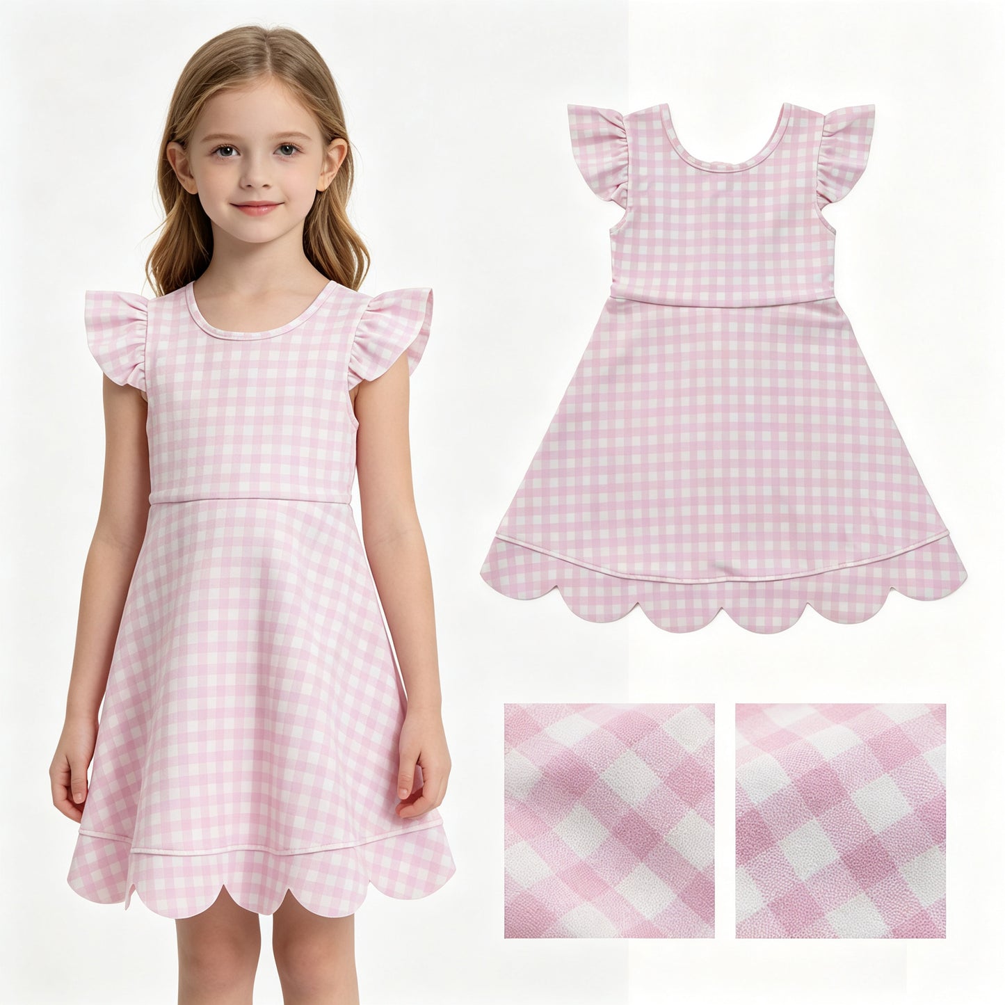 Baby Girls Pink Checked Yoga Active Short Scallop Knee Length Dresses