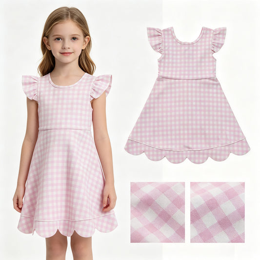 Baby Girls Pink Checked Yoga Active Short Scallop Knee Length Dresses