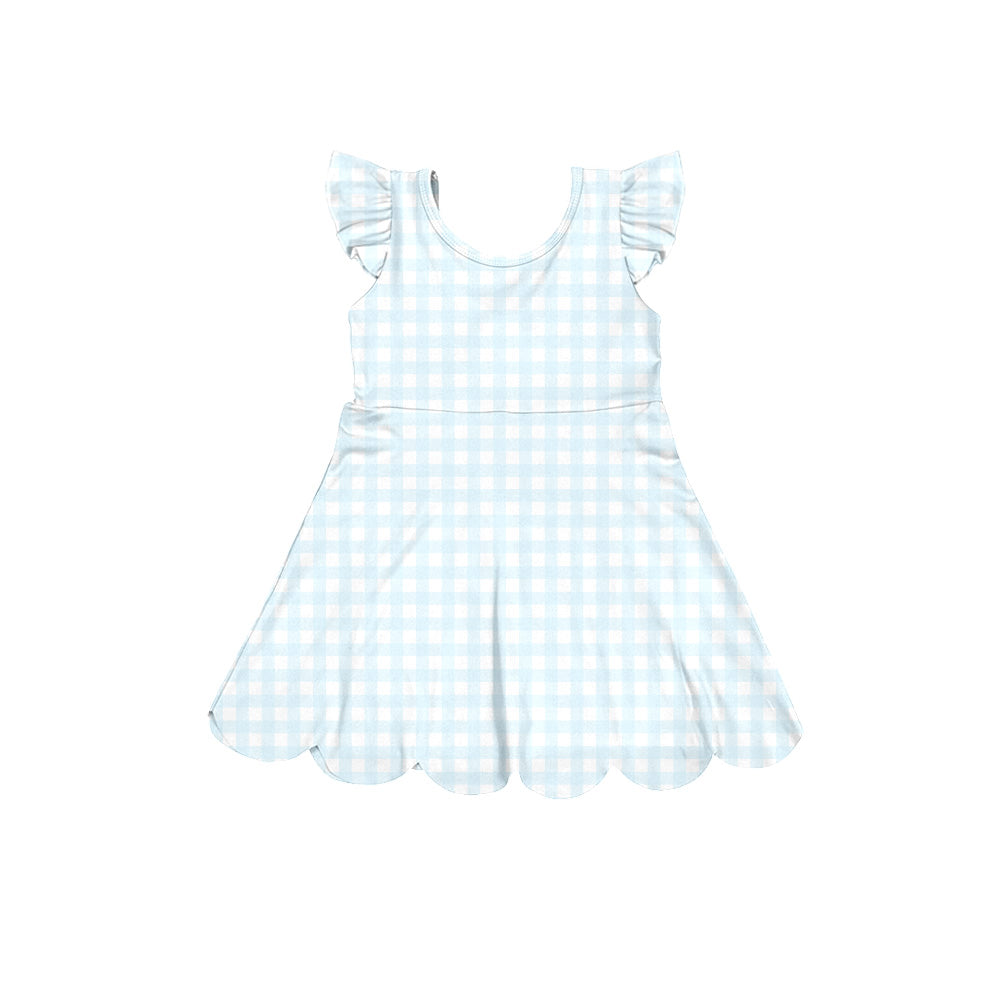 Baby Girls Blue Checked Yoga Active Scallop Knee Length Dresses Preorder