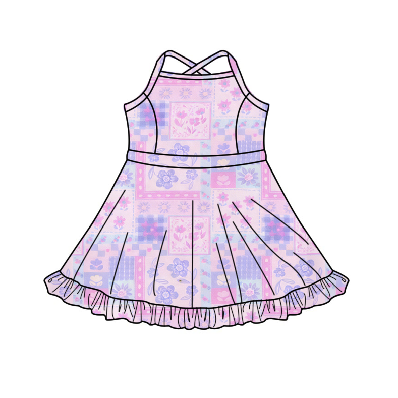 Baby Girls Strap Flowers Checked Yoga Active Ruffle Knee Length Dresses Preorder