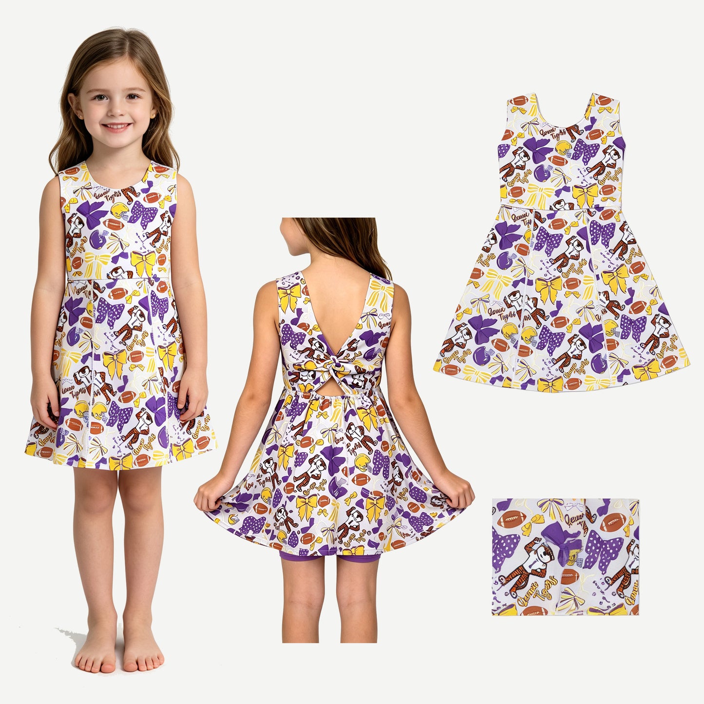 Baby Girls Footballs Bows Tigers Team Yoga Active Shorts Knee Length Dresses