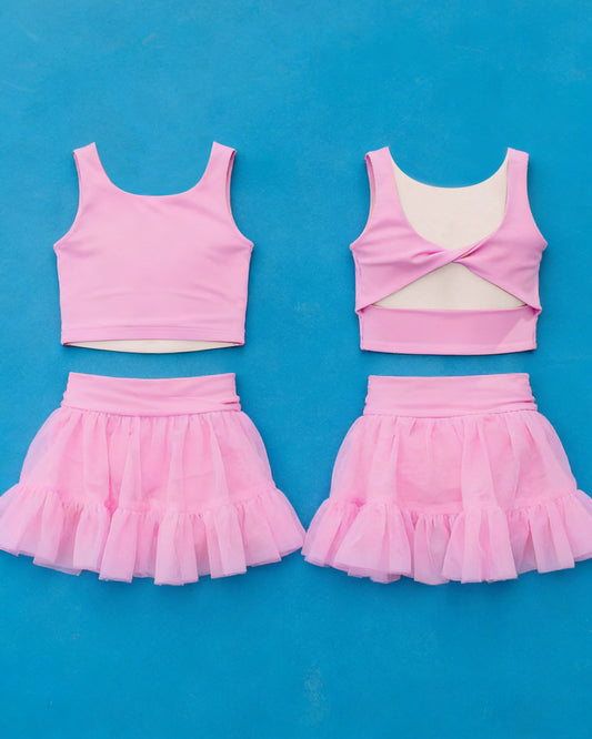 Baby Girls Pink Sleeveless Back Bow Vests Tassel Skirt Short Yoga Active Clothes Set Preorder