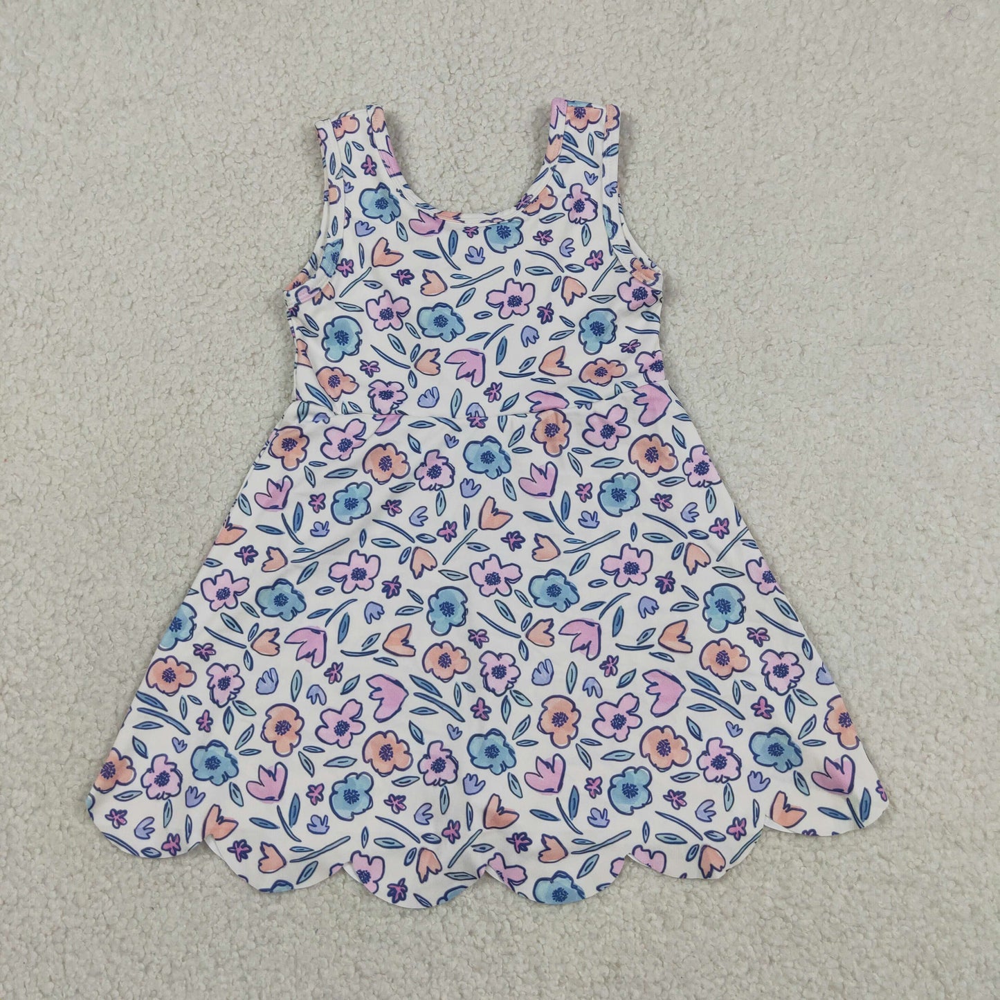 Sibling Baby Girls Sleeveless Bows Flowers Yoga Active Shorts Scallop Knee Length Dresses
