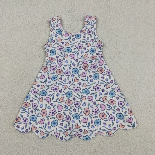 Sibling Baby Girls Sleeveless Bows Flowers Yoga Active Shorts Scallop Knee Length Dresses