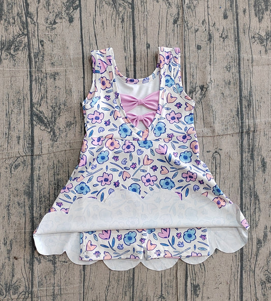 Baby Girls Colorful Flower Bows Top Yoga Active Scallop Short Knee Length Dress Preorder