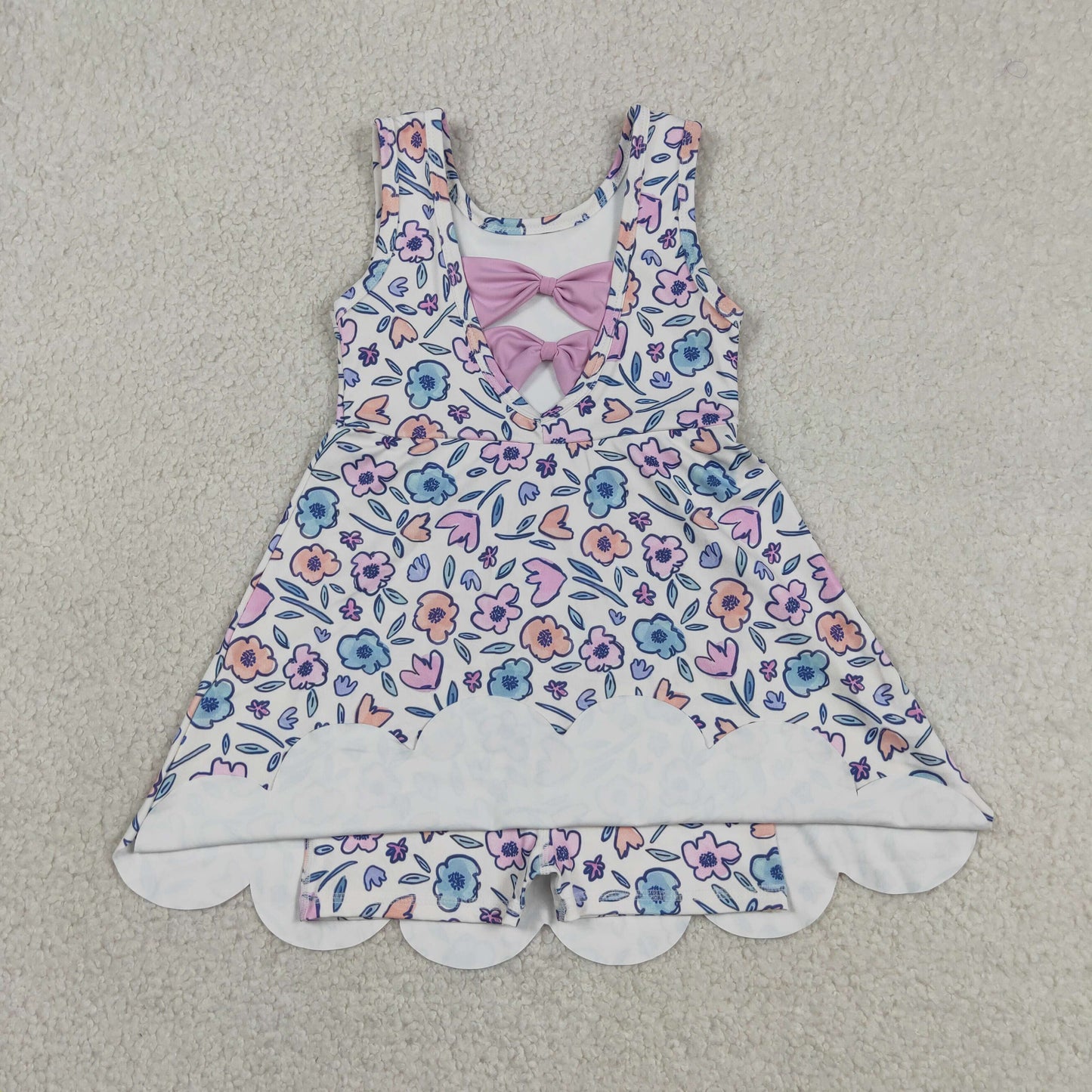 Baby Girls Colorful Flowers Back Bows Yoga Active Short Scallop Knee Length Dress