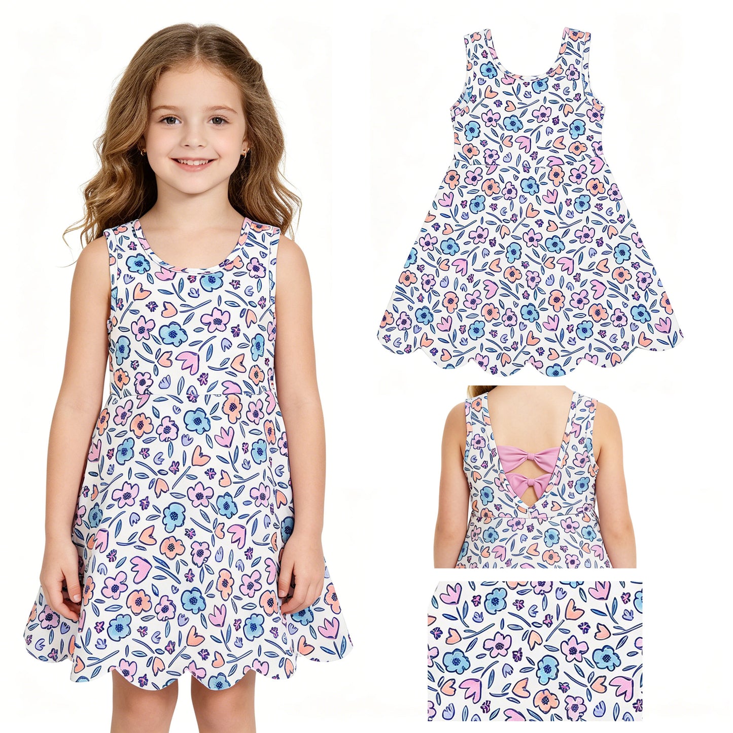 Baby Girls Colorful Flowers Back Bows Yoga Active Short Scallop Knee Length Dress