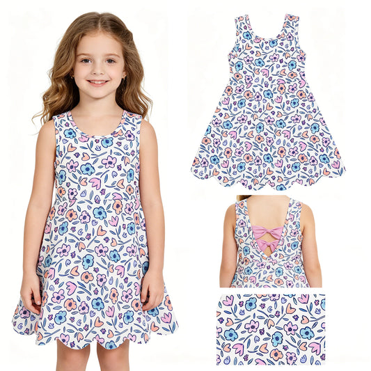 Baby Girls Colorful Flowers Back Bows Yoga Active Short Scallop Knee Length Dress