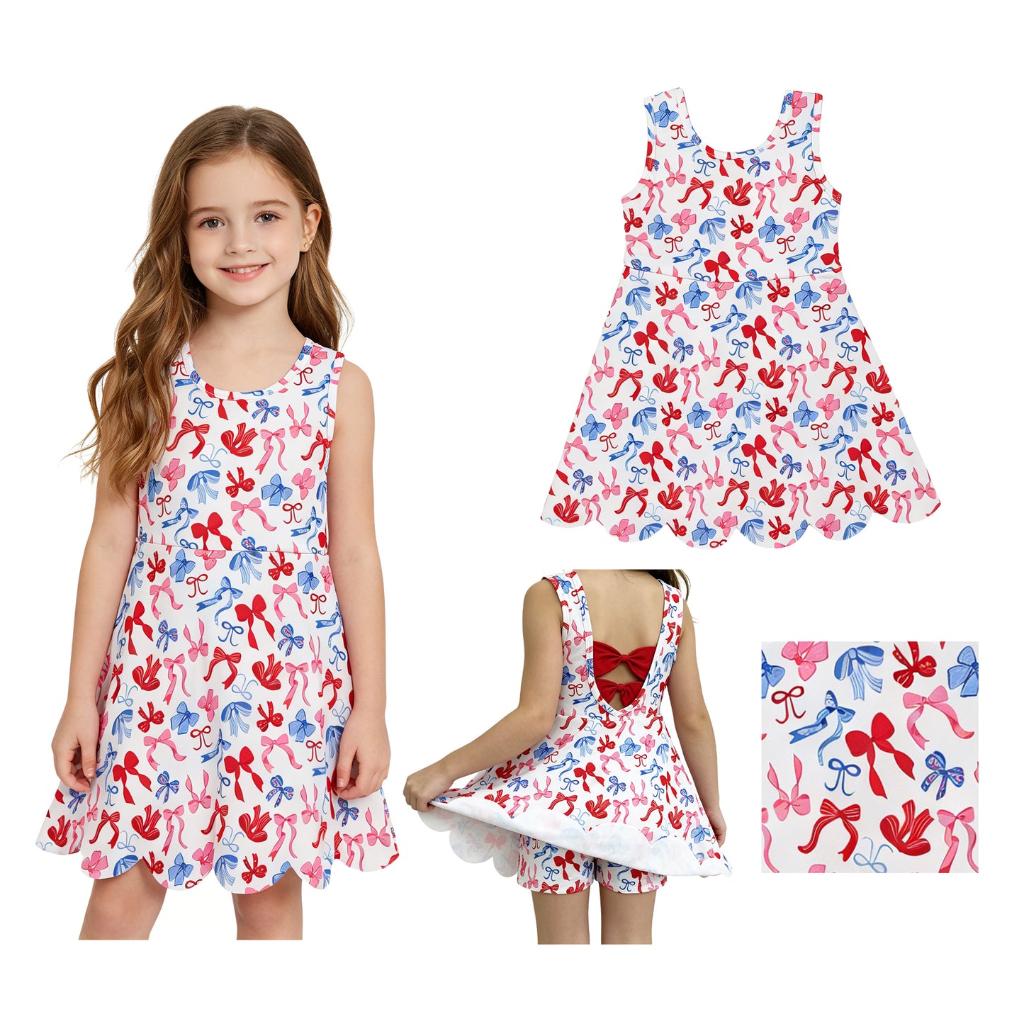 Baby Girls 4th of July Bows Yoga Active Short Scallop Knee Length Dress