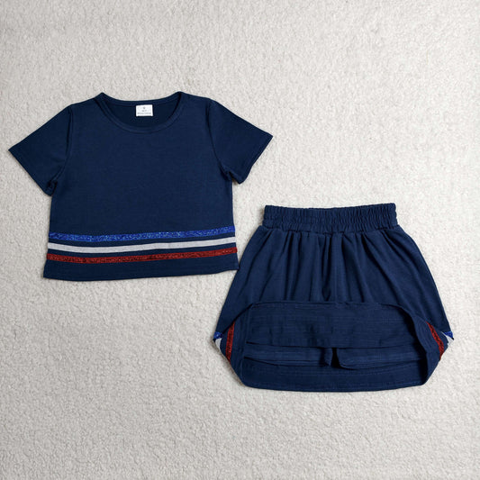 Baby Girls Navy Short Sleeve Stripe Top Skirt Shorts Slouchy Clothes Sets