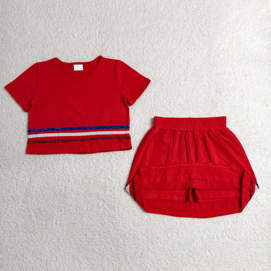 Baby Girls Red Short Sleeve Stripe Top Skirt Shorts Slouchy Clothes Sets