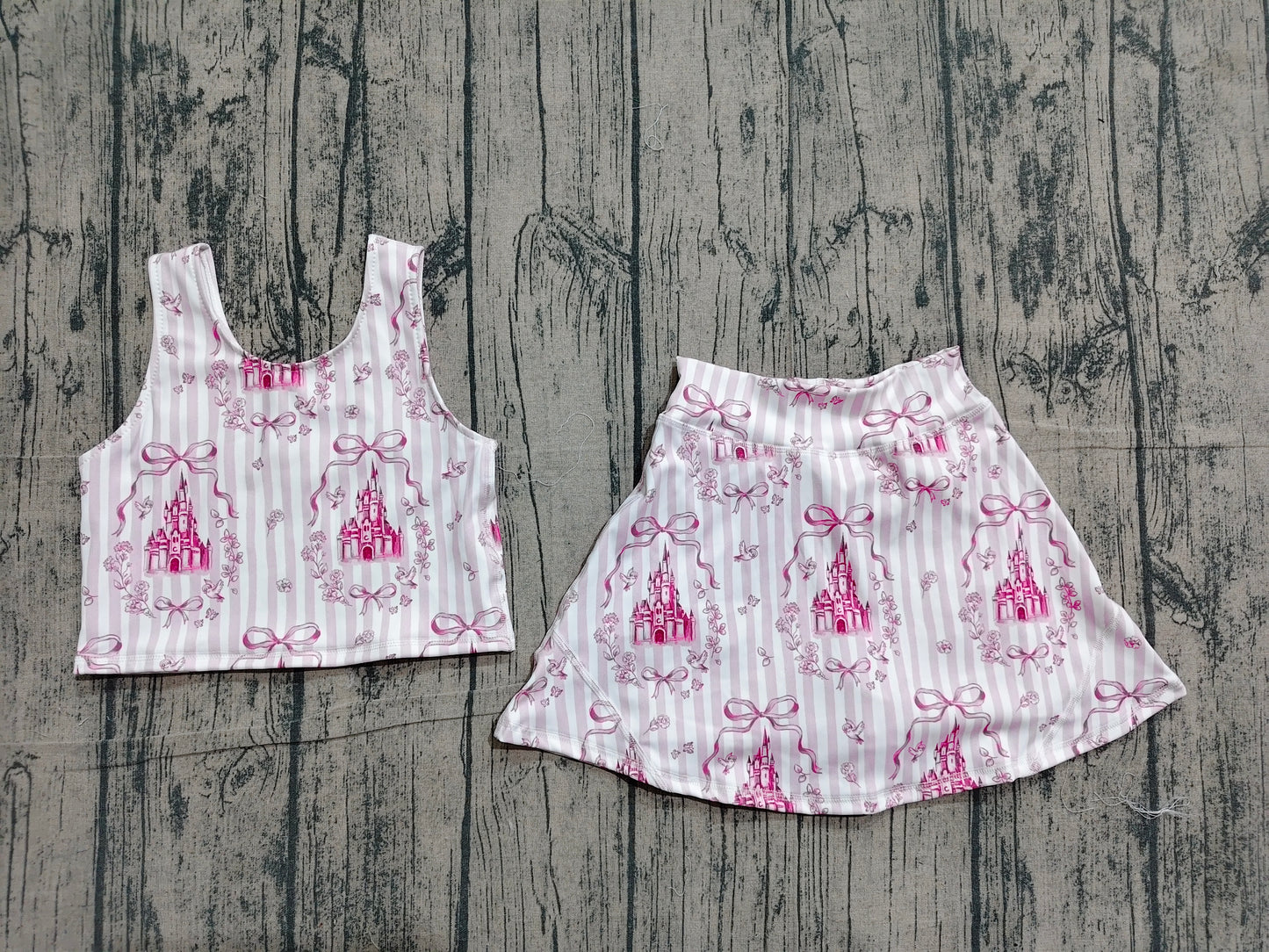 Baby Girls Pink Stripe Bows Castles Vests Skirt Short Yoga Active Clothes Set