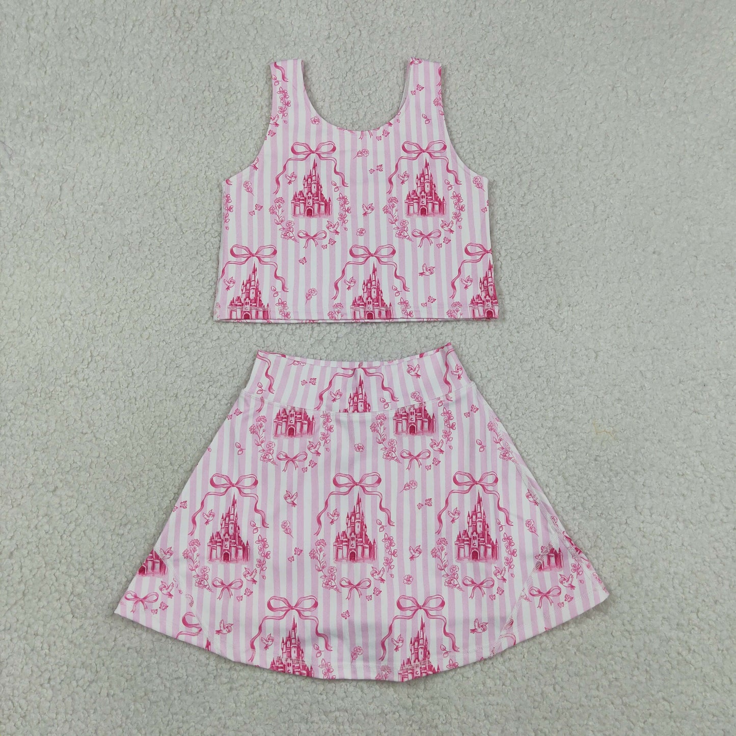 Baby Girls Pink Stripe Bows Castles Vests Skirt Short Yoga Active Clothes Set