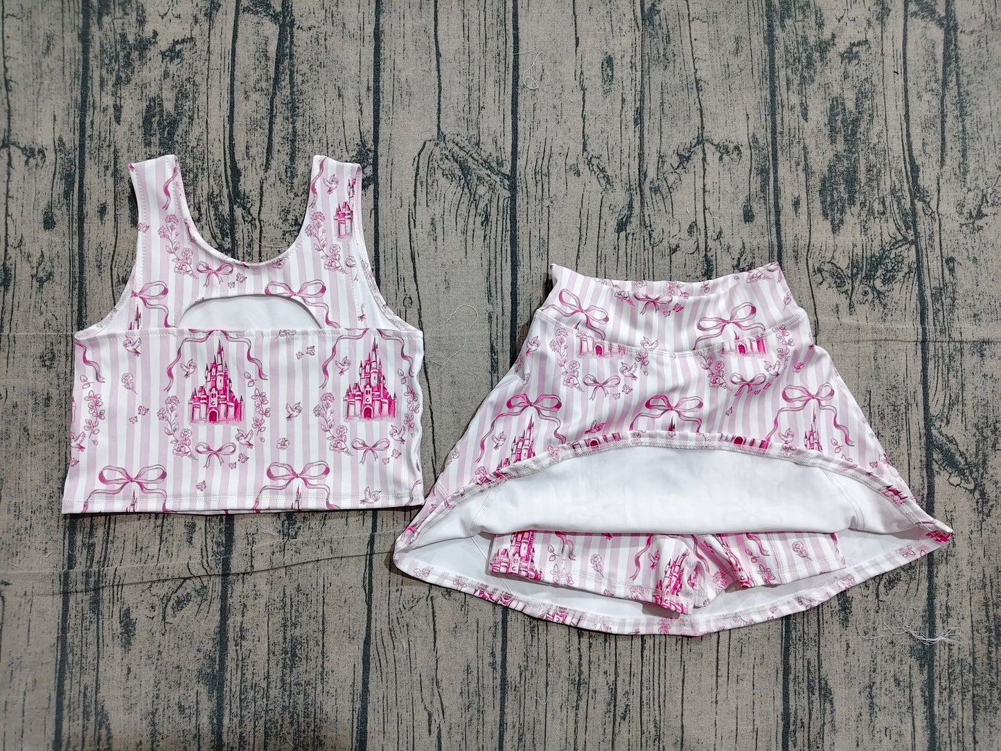 Baby Girls Pink Stripe Bows Castles Vests Skirt Short Yoga Active Clothes Set