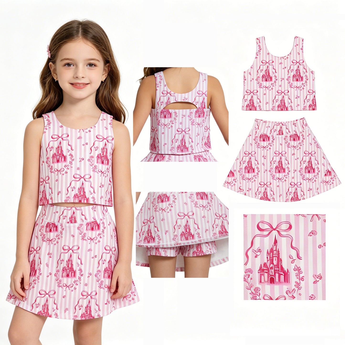 Baby Girls Pink Stripe Bows Castles Vests Skirt Short Yoga Active Clothes Set