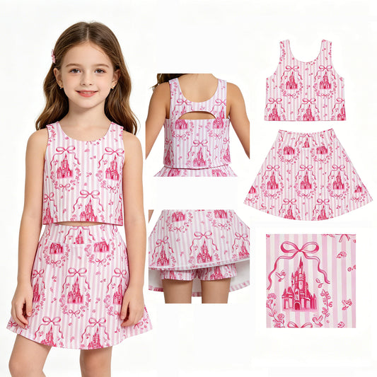 Baby Girls Pink Stripe Bows Castles Vests Skirt Short Yoga Active Clothes Set