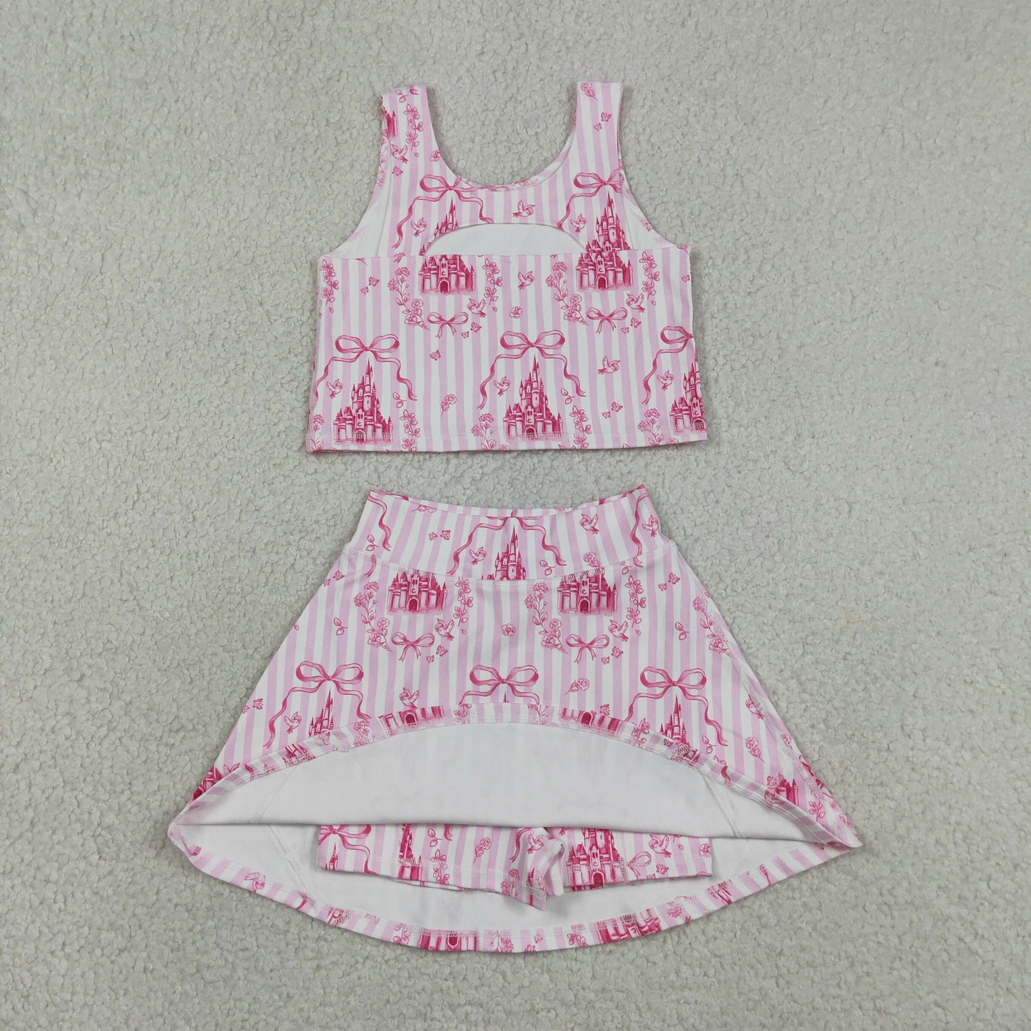 Baby Girls Pink Stripe Bows Castles Vests Skirt Short Yoga Active Clothes Set