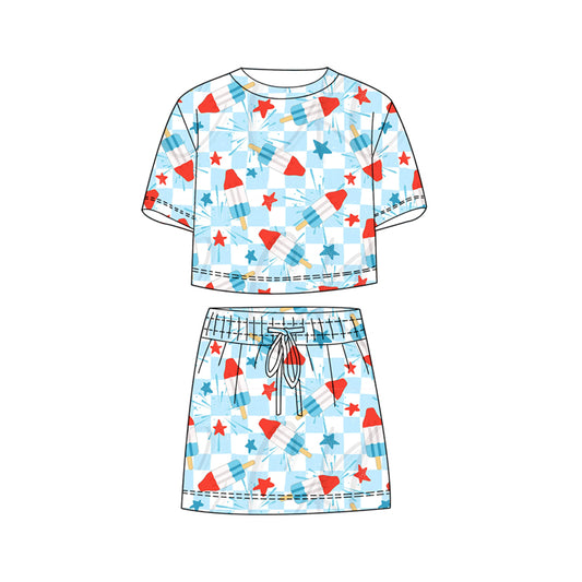 Baby Girls Blue Checked Popsicle Stars Top Skirt Shorts 4th of July Clothes Sets Preorder