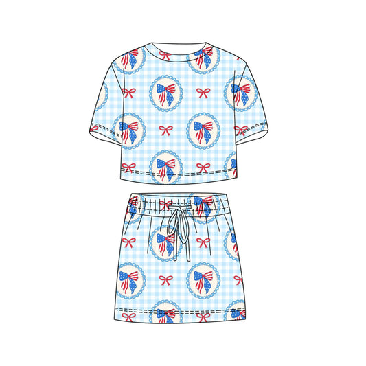 Baby Girls Blue Checked Flag Bows Top Skirt Shorts 4th of July Clothes Sets Preorder