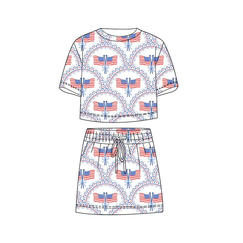 Baby Girls Flag Bows Checked Top Skirt Shorts 4th of July Clothes Sets Preorder