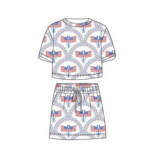 Baby Girls Flag Bows Checked Top Skirt Shorts 4th of July Clothes Sets Preorder