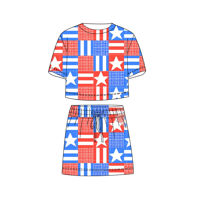 Baby Girls Star Flags Checked Top Skirt Shorts 4th of July Clothes Sets Preorder