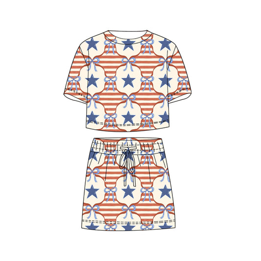 Baby Girls Bow Stars Stripe Top Skirt Shorts 4th of July Clothes Sets Preorder