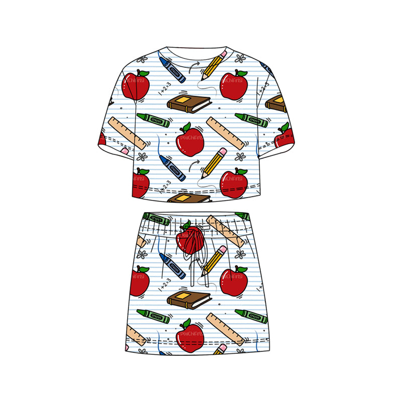 Baby Girls Apple Pencils Stripe Top Skirt Shorts Back to School Clothes Sets Preorder