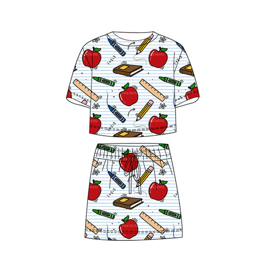 Baby Girls Apple Pencils Stripe Top Skirt Shorts Back to School Clothes Sets Preorder
