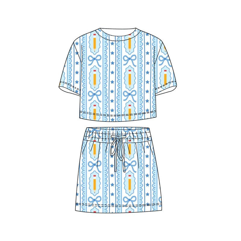 Baby Girls Bow Pencils Stripe Top Skirt Shorts Back to School Clothes Sets Preorder