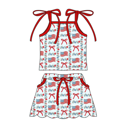 Baby Girls Strap Flower Flags Top Pockets Skirt Shorts 4th of July Clothes Sets Preorder