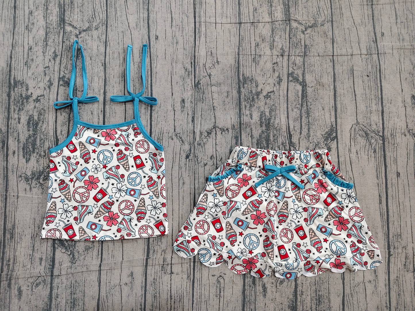 Baby Girls Strap Coffee Ice Cream Top Scallop Pockets Skirt Shorts 4th of July Clothes Sets