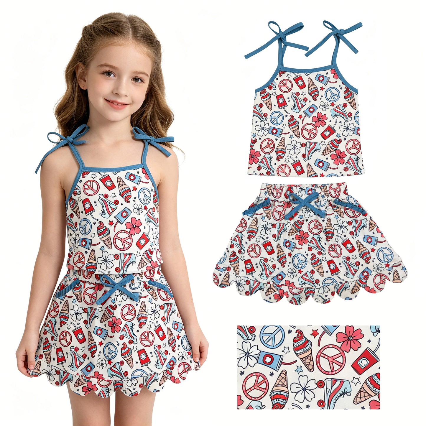 Baby Girls Strap Coffee Ice Cream Top Scallop Pockets Skirt Shorts 4th of July Clothes Sets