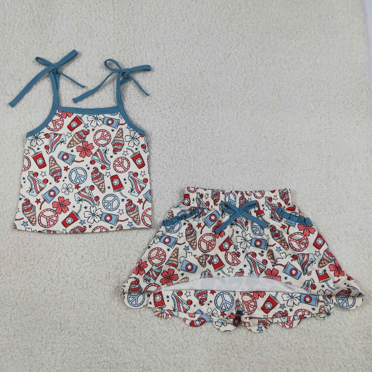 Sibling Baby Girls Strap Bows Checked Coffee Popsicle Top Pockets Skirt Shorts Clothes Sets