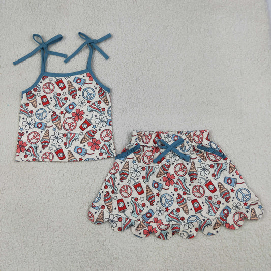 Baby Girls Strap Coffee Ice Cream Top Scallop Pockets Skirt Shorts 4th of July Clothes Sets