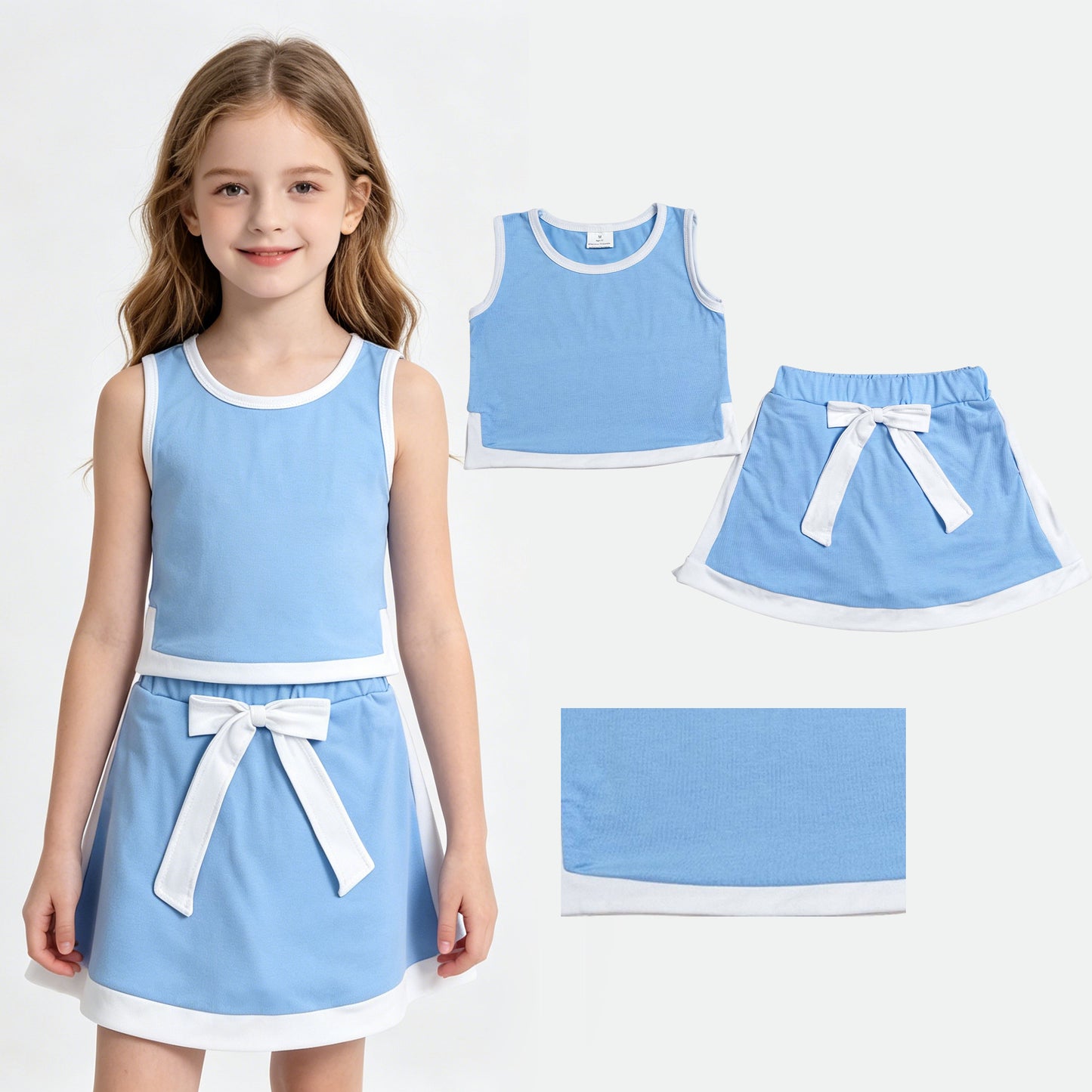 Baby Girls Light Blue Sleeveless Vest Top Skirt Shorts Clothes Sets