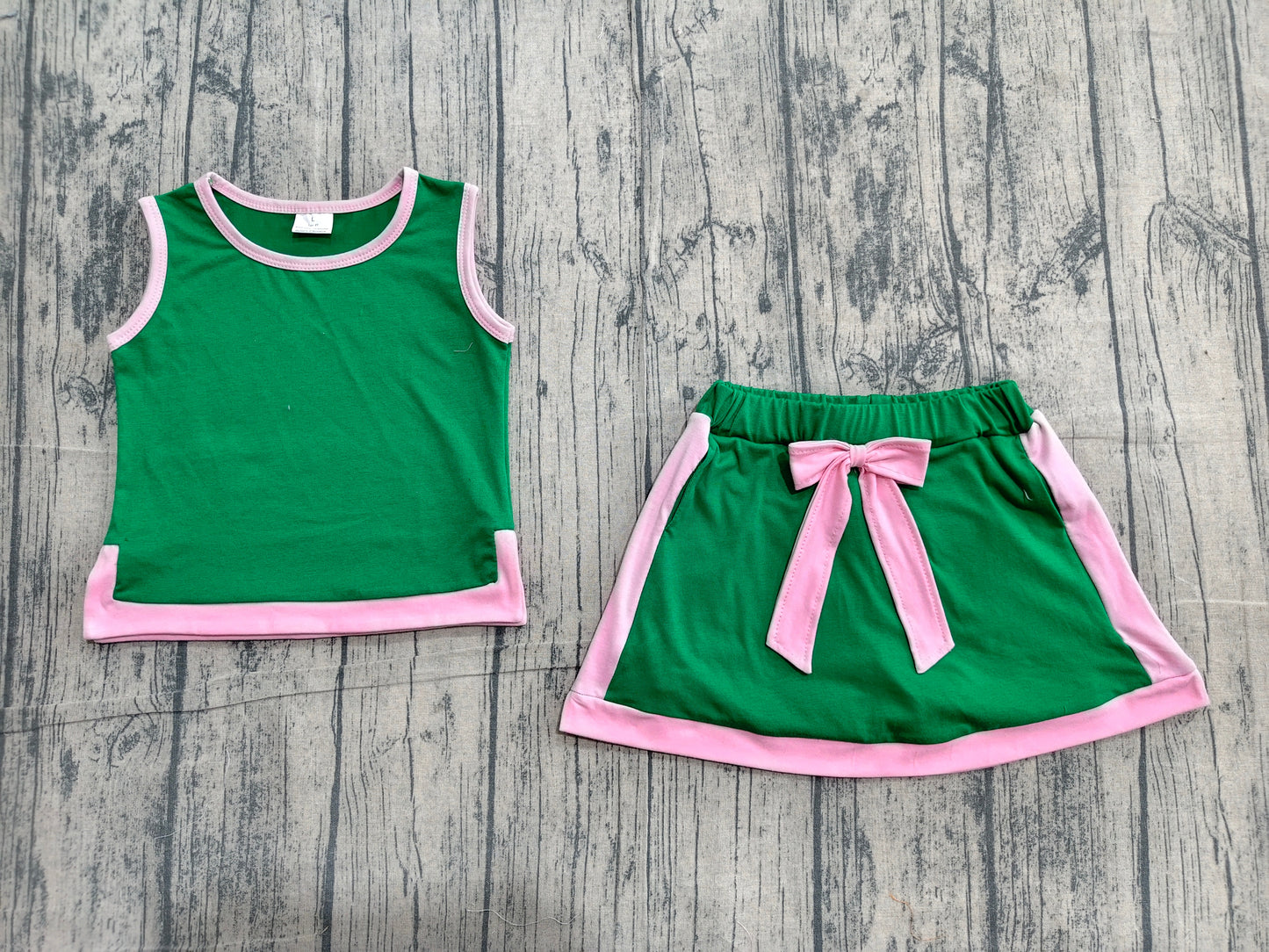 Baby Girls Green Pink Sleeveless Vest Top Bows Skirt Shorts Clothes Sets
