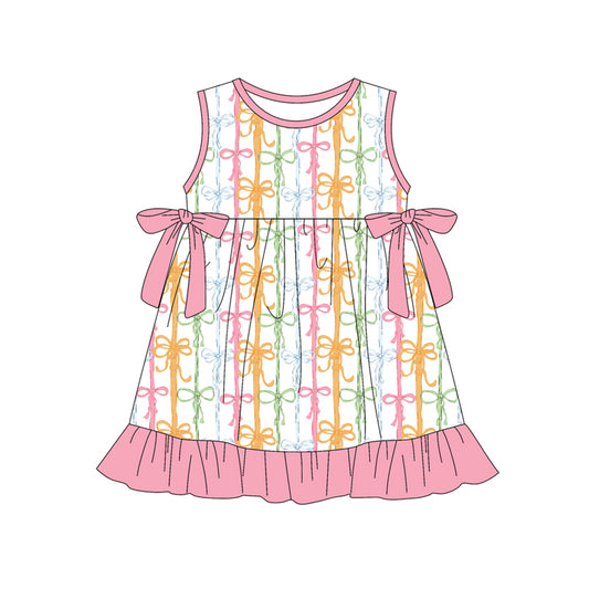 Baby Girls Colorful Bows Stripe Ruffle Knee Length Dresses Preorder