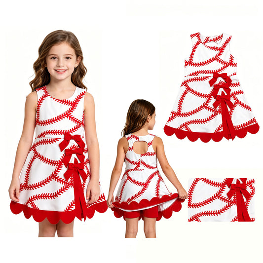 Baby Girls Baseball Bows Team Yoga Active Short Scallop Knee Length Dress