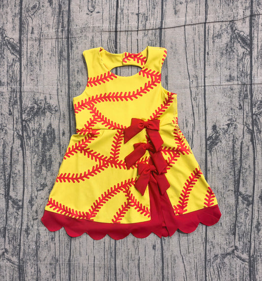 Baby Girls Softball Bows Team Yoga Active Scallop Short Knee Length Dress Preorder