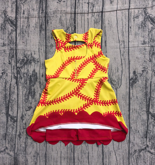 Baby Girls Softball Bows Team Yoga Active Scallop Short Knee Length Dress Preorder